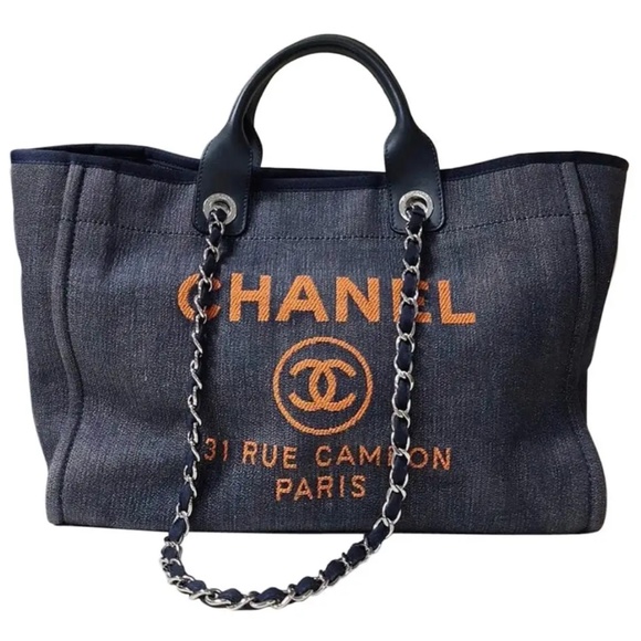Authentic CHANEL Navy and Orange Logo Satchel - Picture 1 of 15